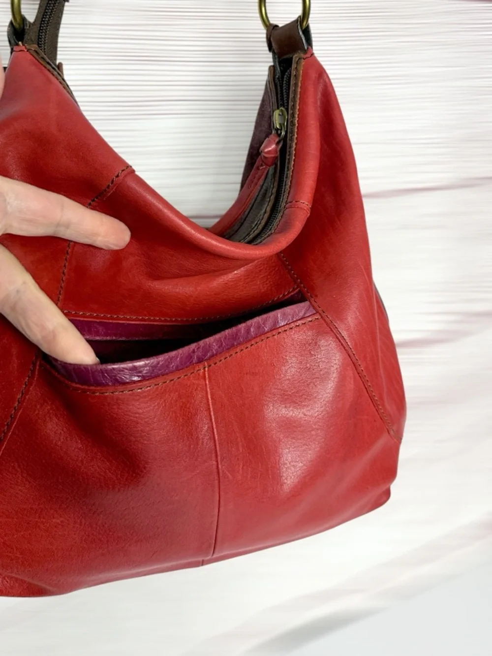 Fossil Patchwork Leather Hobo Bag Multicolor Brown Red Boho Key Charm Vintage